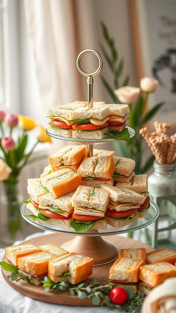 A tiered display of mini sandwiches with layers of bread, lettuce, and tomato, surrounded by flowers and decorative elements.