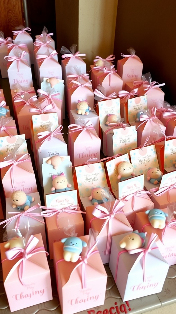 A collection of pastel-colored miniature gift boxes for a baby sprinkle, decorated with cute figures and ribbons.
