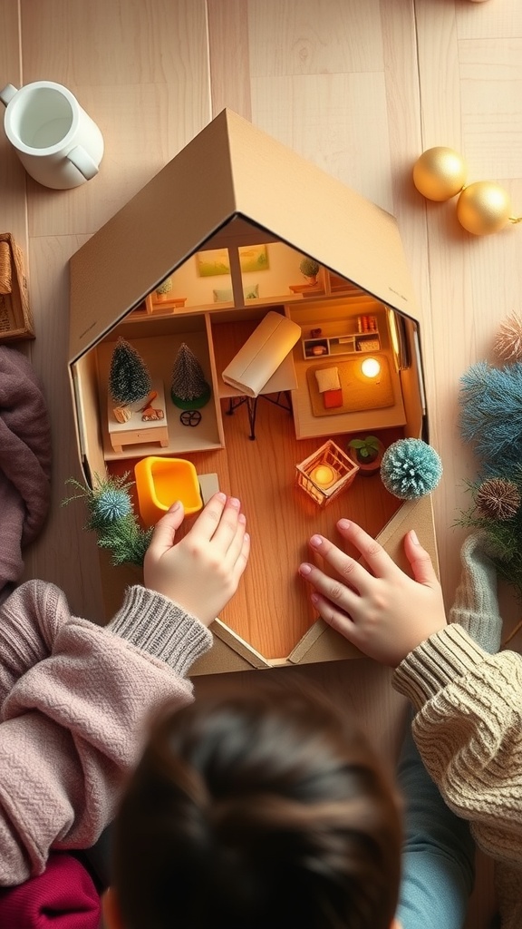 Two children decorating a miniature cardboard dollhouse with tiny furniture and accessories.