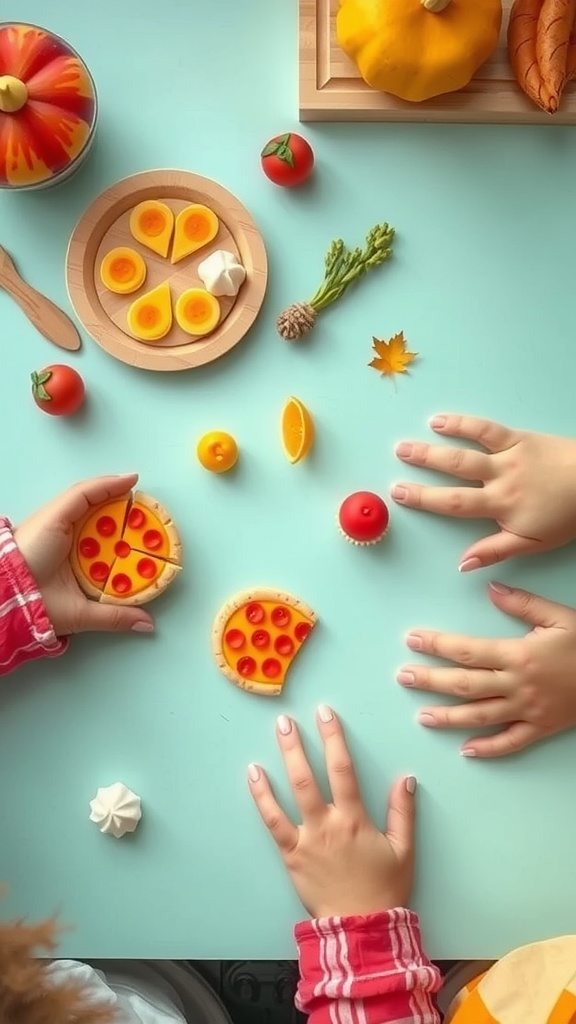 Colorful miniature clay food creations including pizzas, fruits, and vegetables.