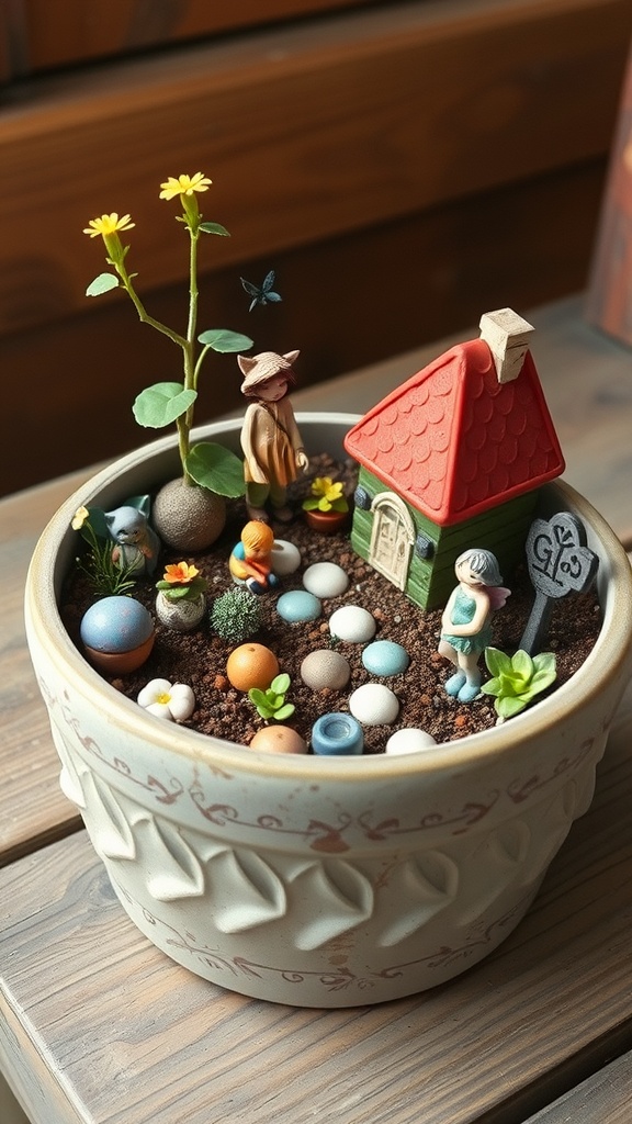 A small, colorful fairy garden in a pot featuring miniature figures and flowers.