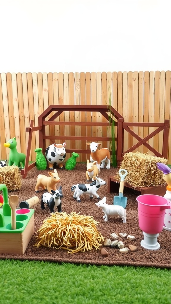 A miniature farmyard scene with toy animals, hay bales, and play tools.