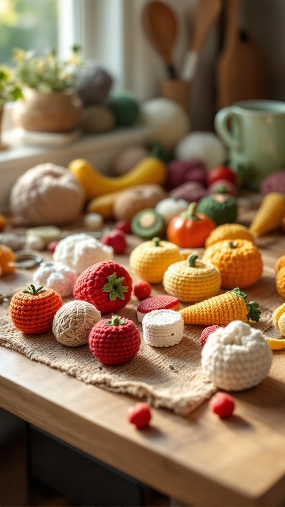 A collection of colorful crocheted miniature food items arranged on a table, including strawberries, carrots, and pumpkins.