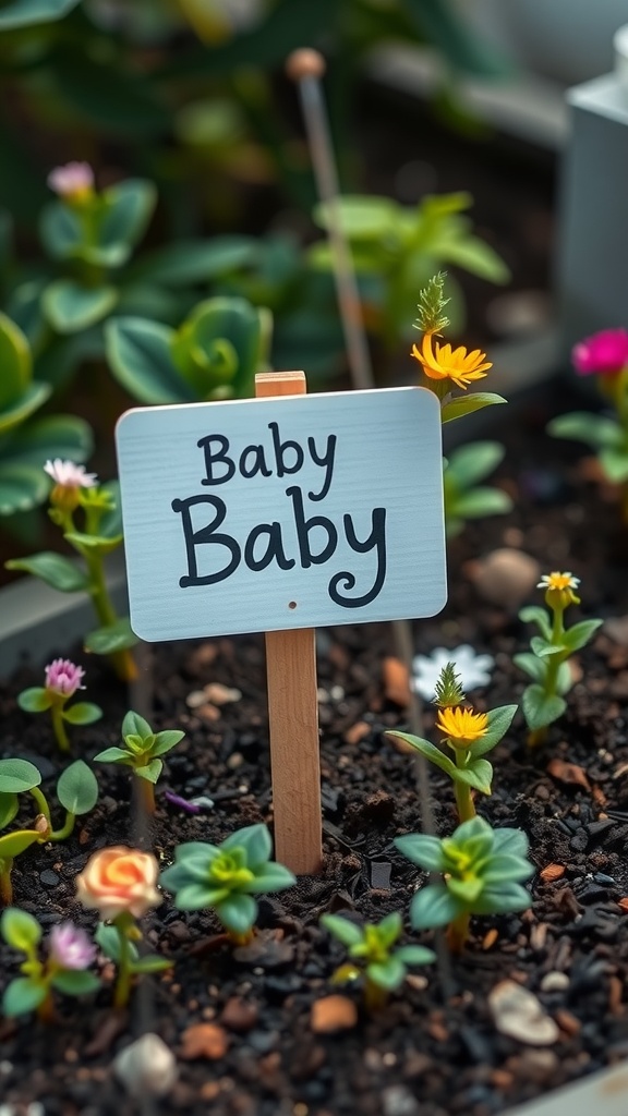 A miniature garden with a sign reading 'Baby Baby' surrounded by small colorful flowers.