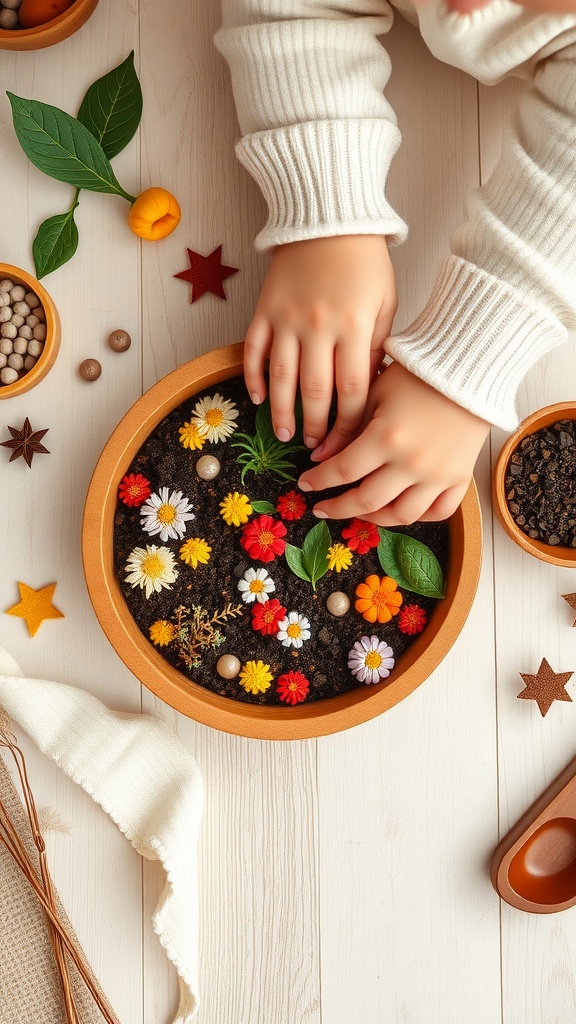 A toddler's hands arranging flowers in a miniature garden pot