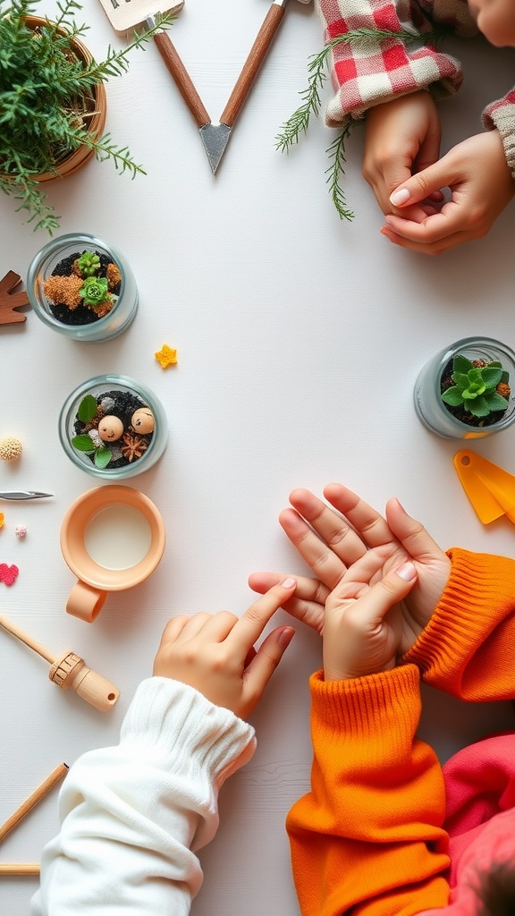 Two children creating miniature garden terrariums with plants and decorative items.