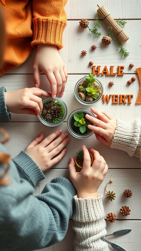 Children's hands working on miniature gardens in jars with plants, pebbles, and decorations.