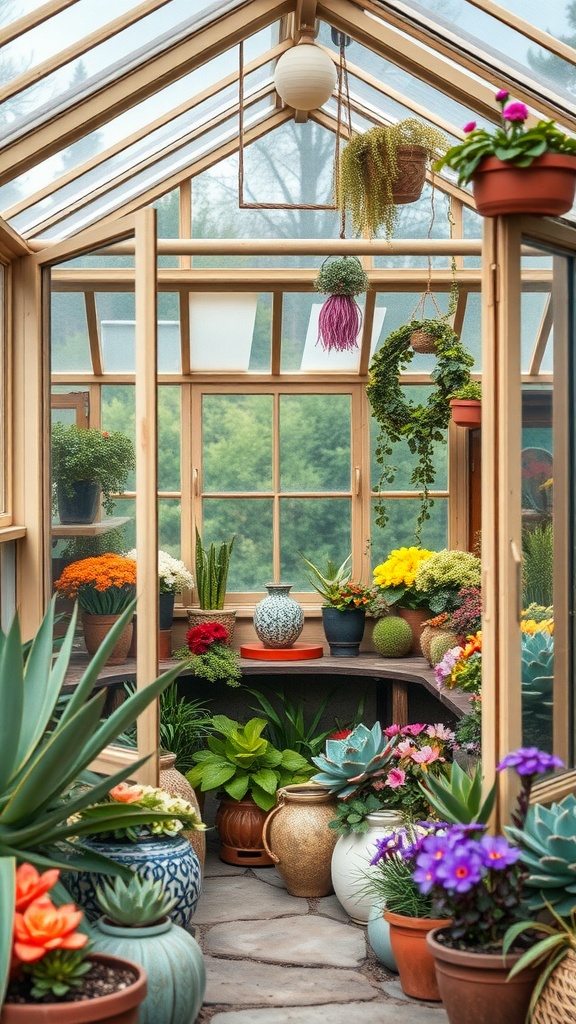 Interior view of a miniature glass greenhouse filled with colorful plants and flowers.