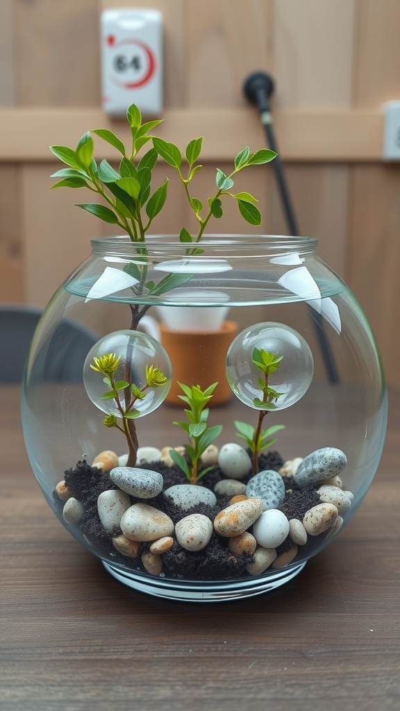 A miniature herb garden with small plants and decorative stones in a fish bowl.