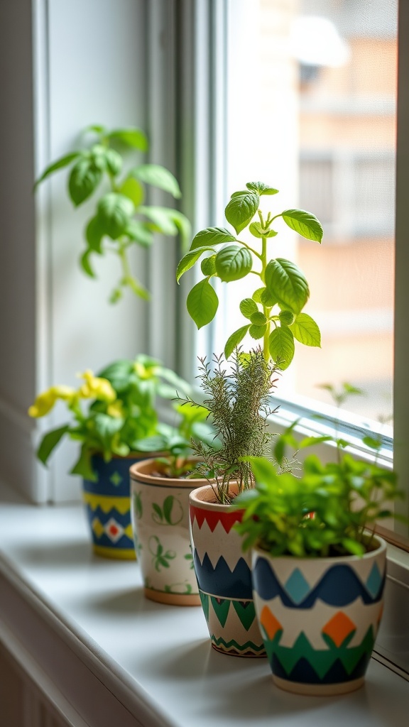 Miniature herb garden with colorful pots on a windowsill