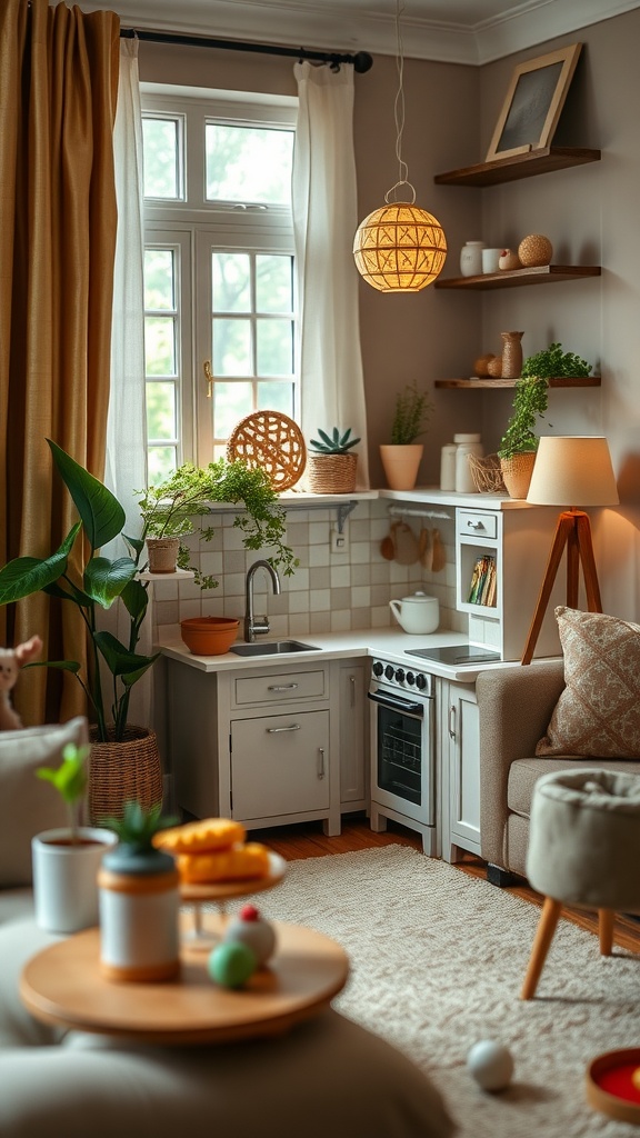 A cozy living room with a miniature kitchen play area for kids, featuring a sink, oven, and playful decor.