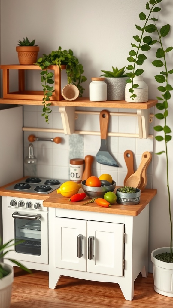 A miniature kitchen setup with a stove, fruits, vegetables, and decorative plants.