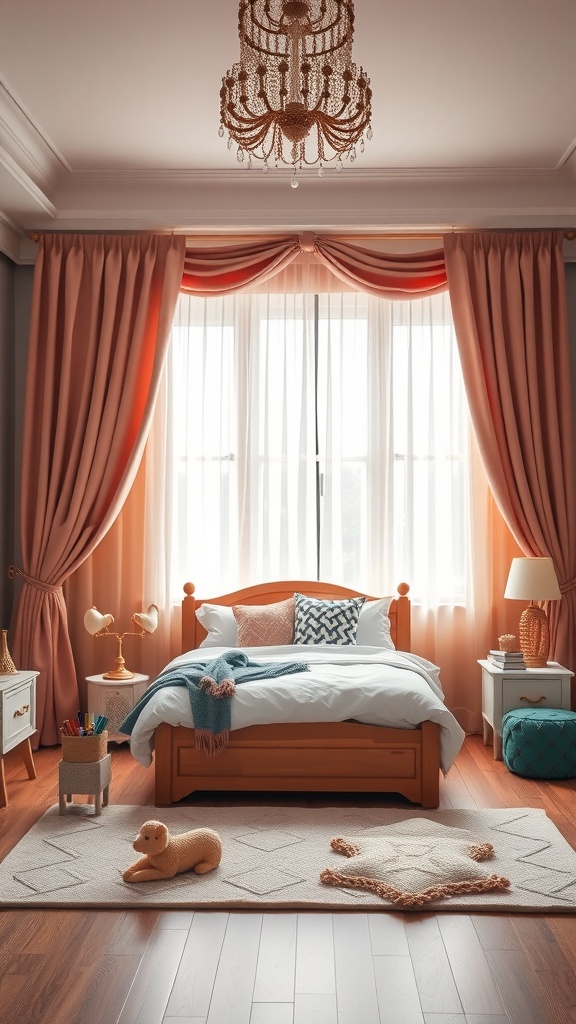 A cozy bedroom with a bed, colorful curtains, soft rug, and playful decor, ideal for a miniature stage for theater performances.