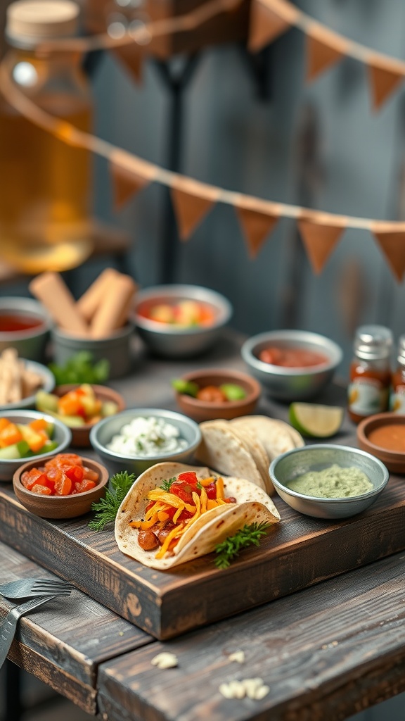 Miniature taco bar setup with tortillas, toppings, and sauces.