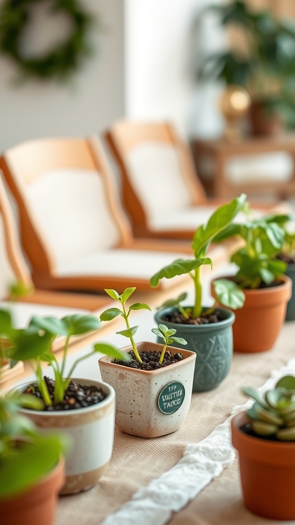 Miniature vegetable garden centerpieces with small plants in various pots