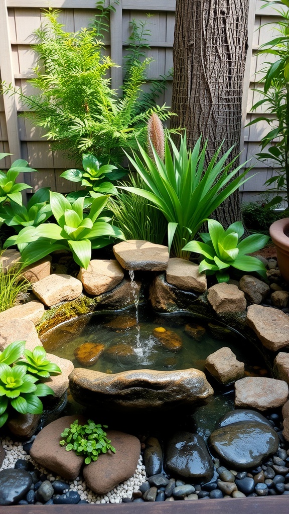 A tranquil miniature water feature surrounded by lush plants and stones.