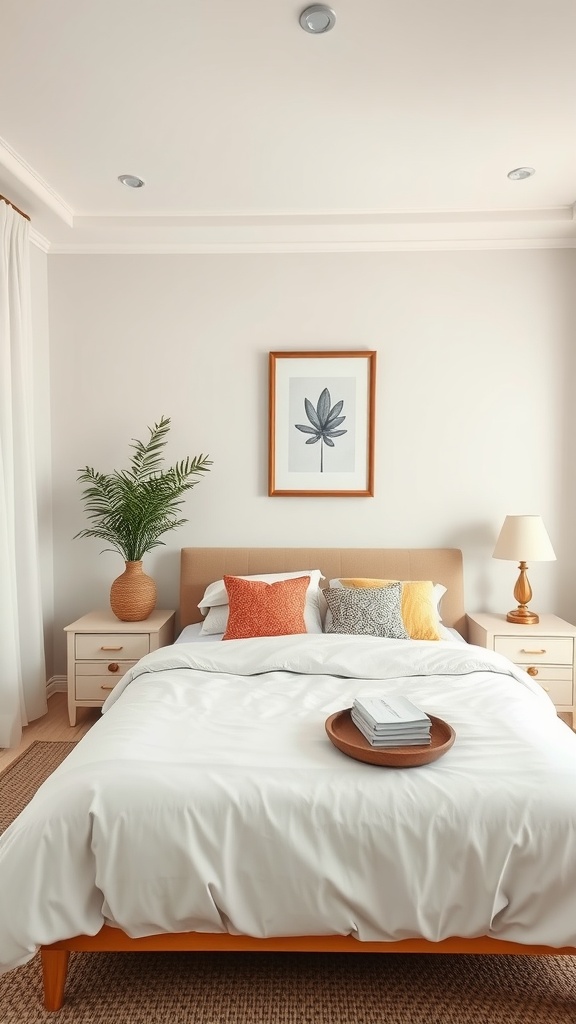 A modern Indian bedroom featuring a minimalist design with cultural touches, including a potted plant, colorful cushions, and a bedside table with a lamp.
