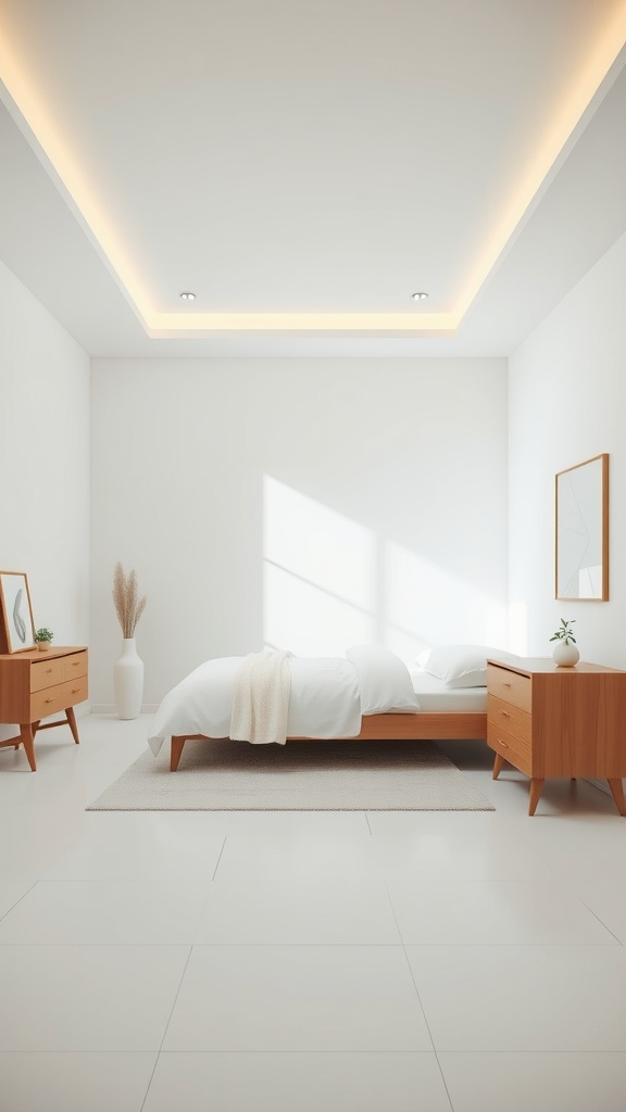 A minimalist bedroom featuring a bed with white bedding, wooden furniture, and soft natural light