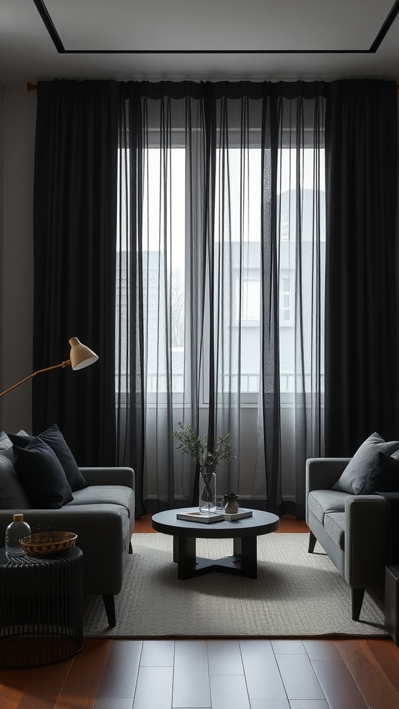 A minimalist living room featuring black sheer curtains, gray sofas, a round coffee table, and natural light.