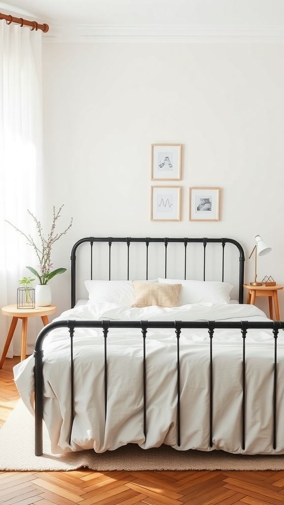 A minimalist bedroom featuring a black metal bed frame, white bedding, wooden side tables, and framed art on the wall.