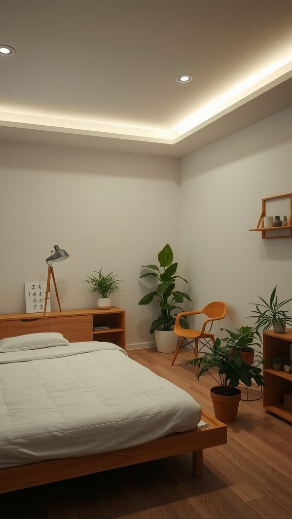 A minimalist Korean bedroom featuring wooden furniture, plants, and soft lighting.