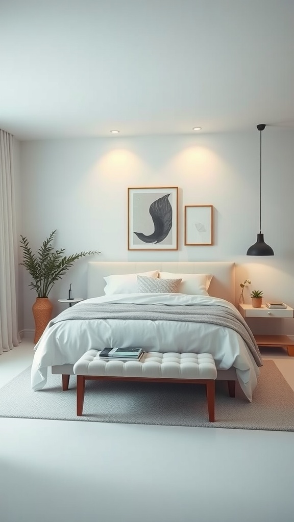A minimalist bedroom featuring a white bed, neutral-colored walls, simple art, and a plant, creating a clean aesthetic.