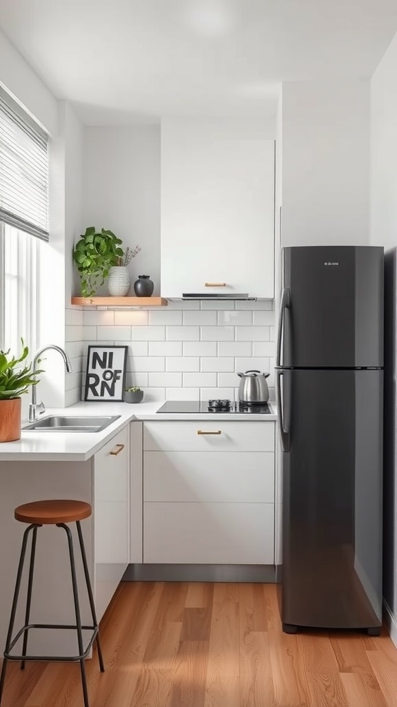 A minimalist tiny kitchen with white cabinets, a wooden stool, and plants for decoration.