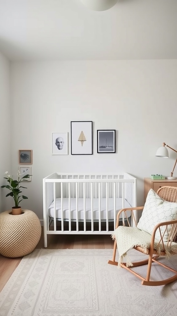 A minimalist nursery featuring a white crib, framed art, and a rocking chair.