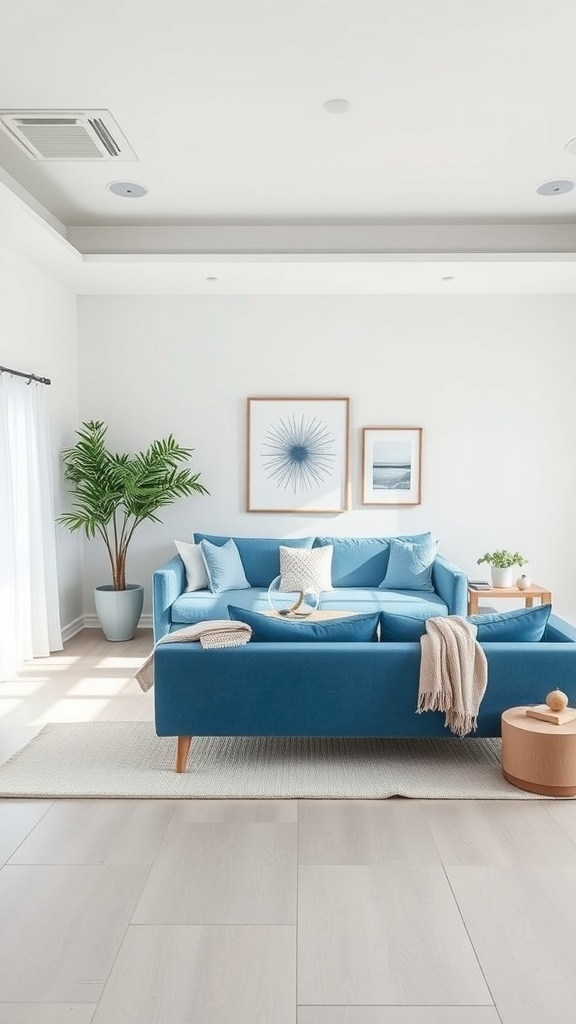 A minimalist living room featuring a blue sofa, neutral tones, and natural decor.