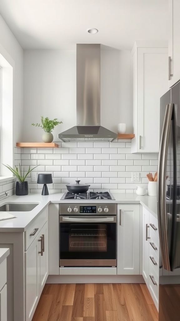 A minimalist kitchen featuring a white subway tile backsplash, modern appliances, and an organized layout