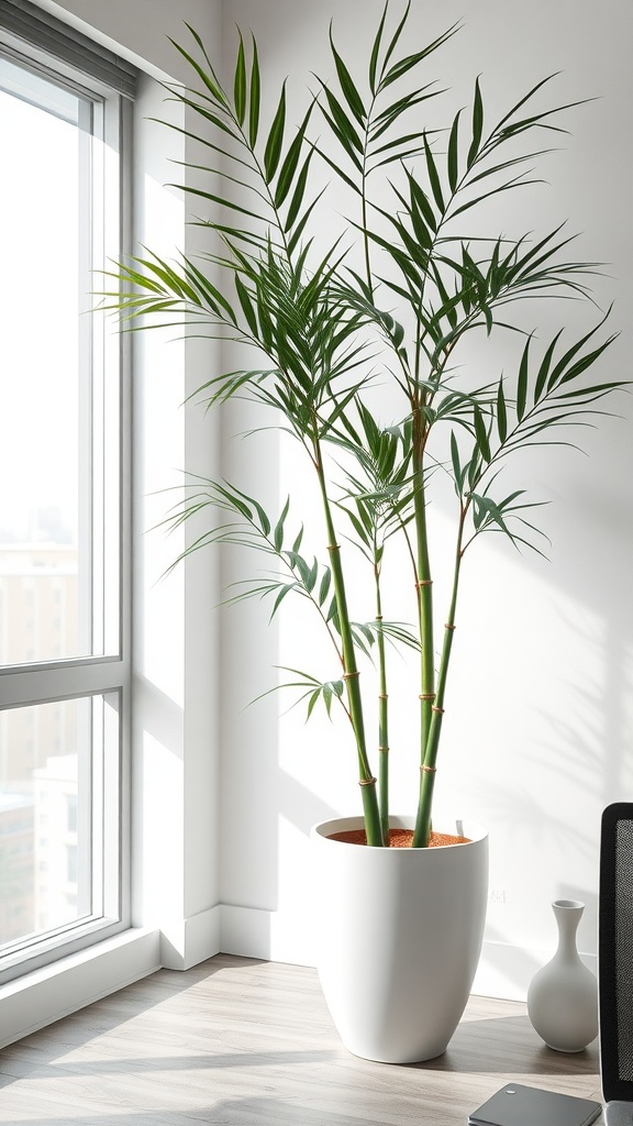 A tall Bamboo Palm in a white pot by the window, with sunlight illuminating its leaves.
