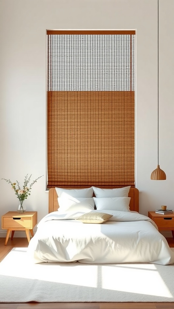 A minimalist bedroom featuring bamboo shades, a wooden bed, and soft white bedding.