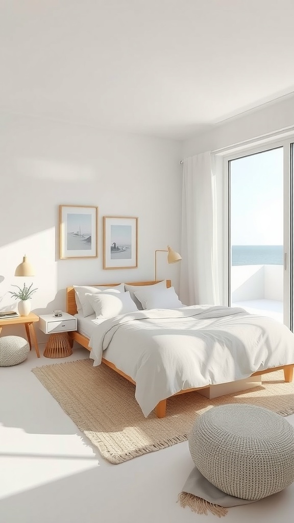 A minimalist beach-style bedroom featuring a light color palette, natural textures, and coastal artwork.