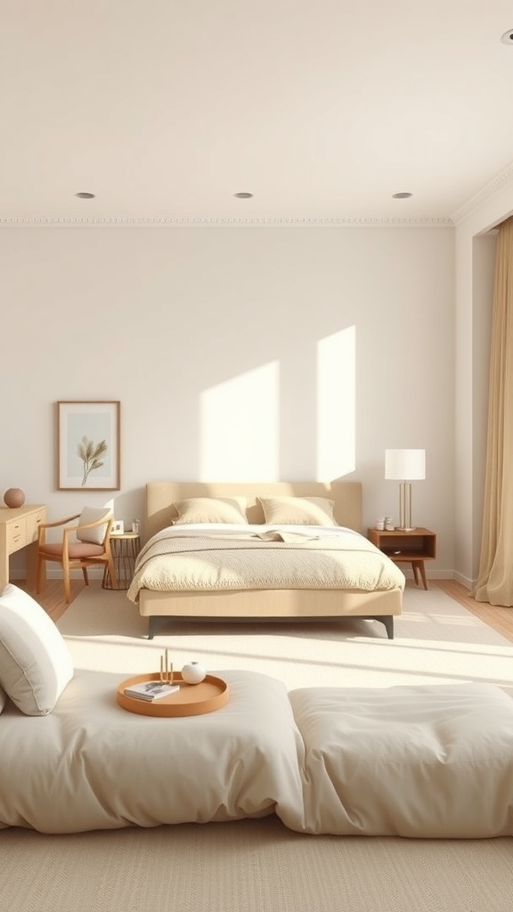 A minimalist beige bedroom featuring a cozy bed, light wood furniture, and natural light.