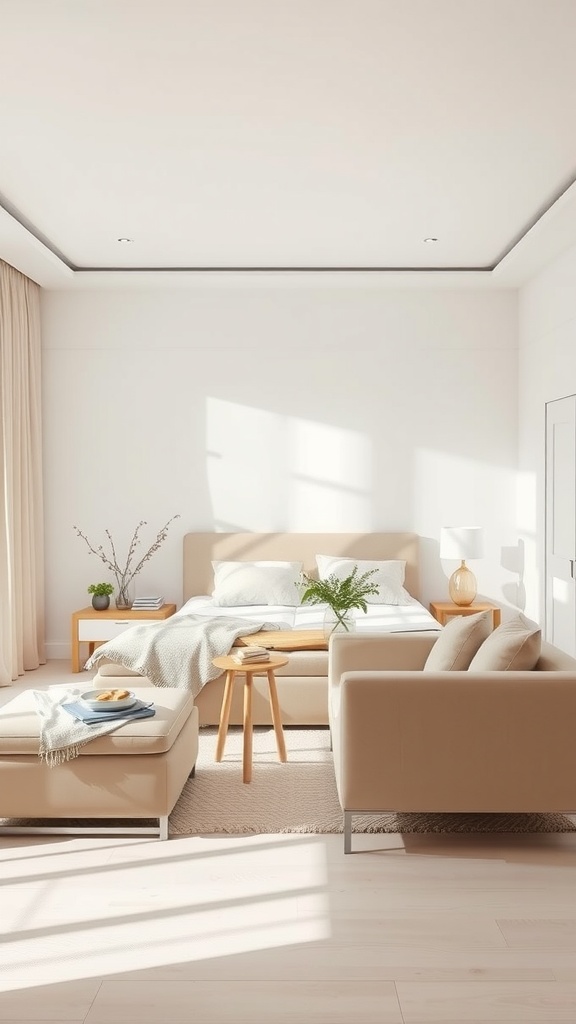 A minimalist beige bedroom featuring a bed, sofa, and natural decor.