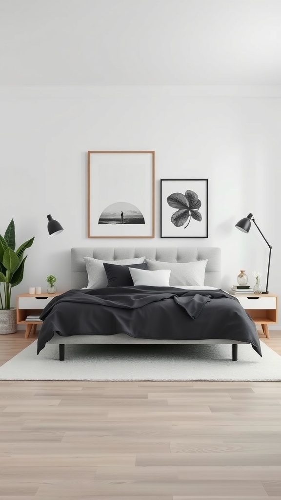 A minimalist bedroom featuring black and white art above the bed, with gray bedding and light wood accents.