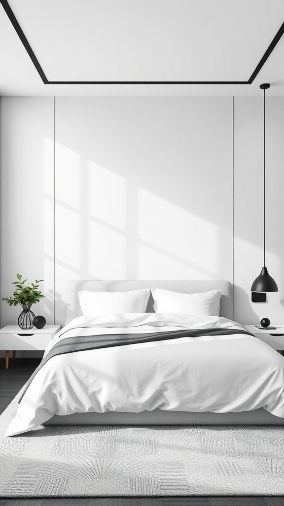 A minimalist bedroom with a black and white design featuring a white bedspread, black accents, and natural light.