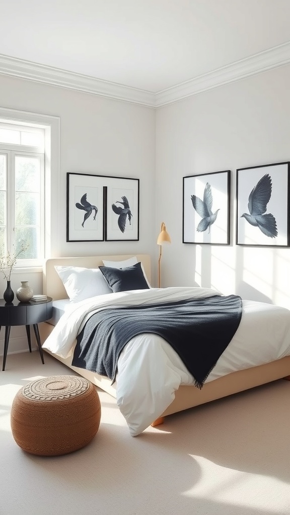 A minimalist bedroom featuring black and white prints of birds on the wall, a cozy bed with a dark blanket, and a stylish round pouf.