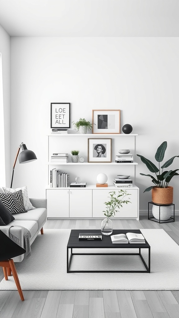 Minimalist black and white living room with stylish shelving, a light sofa, and a black coffee table.