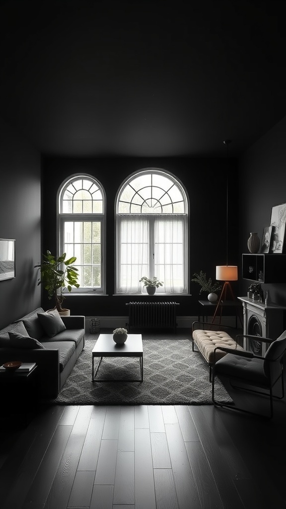 A minimalist black living room featuring dark walls, large windows, and stylish furniture.
