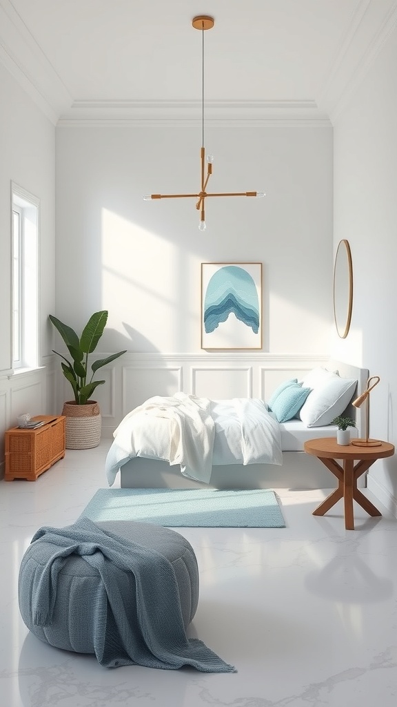 A bright and airy room featuring minimalist blue accents with light blue bedding, wooden furniture, and a calming atmosphere.