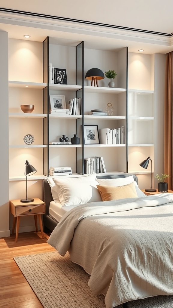 A minimalist bookshelf design with clean lines and a neutral color palette, featuring books and decorative items.
