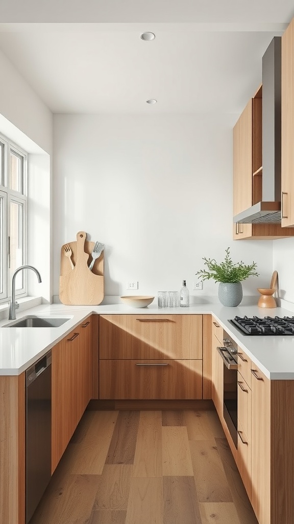 A minimalist kitchen featuring natural wood cabinetry, a sleek countertop, and a bright atmosphere.