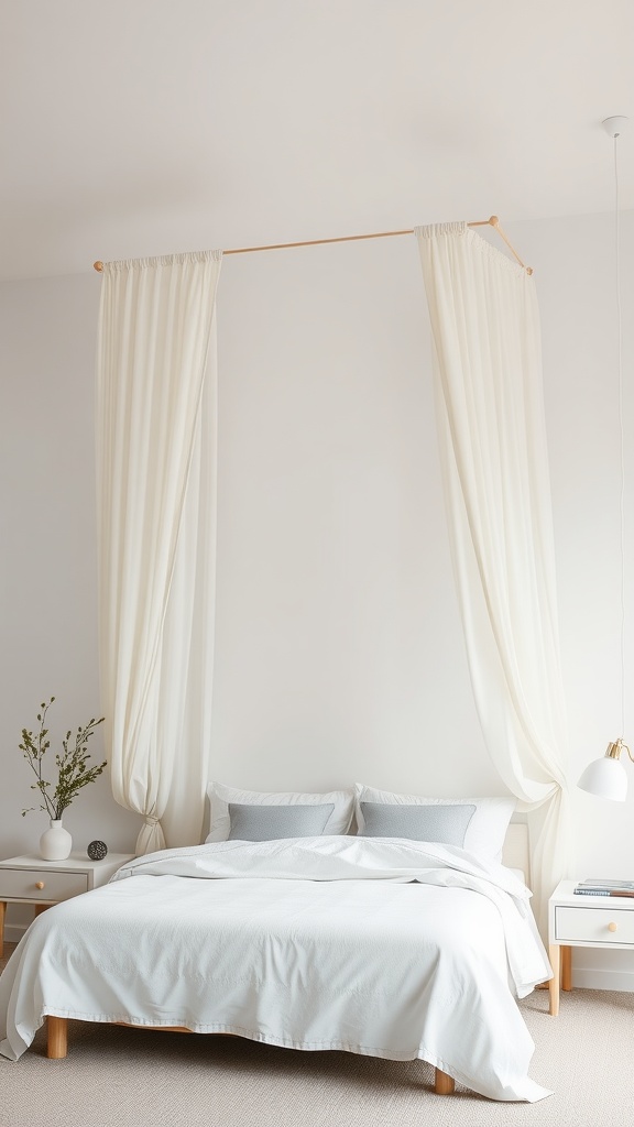 A minimalist bedroom featuring a canopy created with fabric panels suspended from a wooden rod.