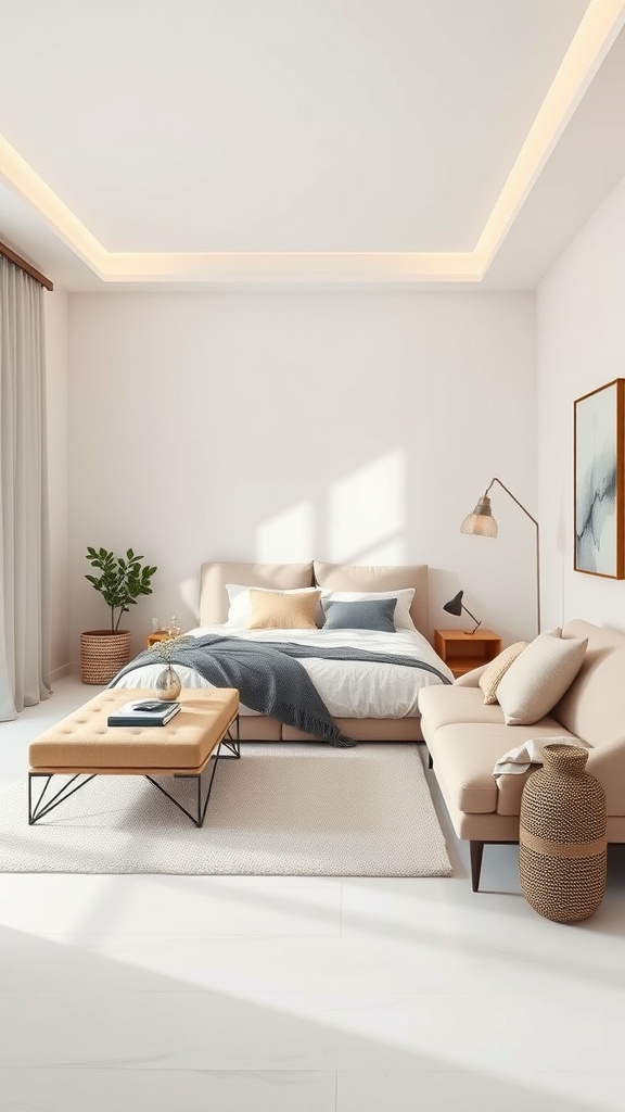 A minimalist chic bedroom featuring a bed with white linens, a cozy sofa, and natural decor elements.