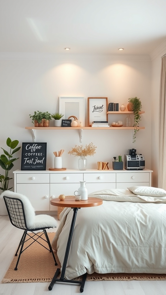 A minimalist coffee bar setup in a small space featuring a cozy bed, shelving with plants and decor, and a compact table.