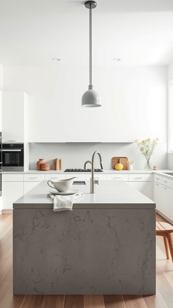 A minimalist kitchen featuring a concrete island with a sleek design, wooden floors, and modern lighting.