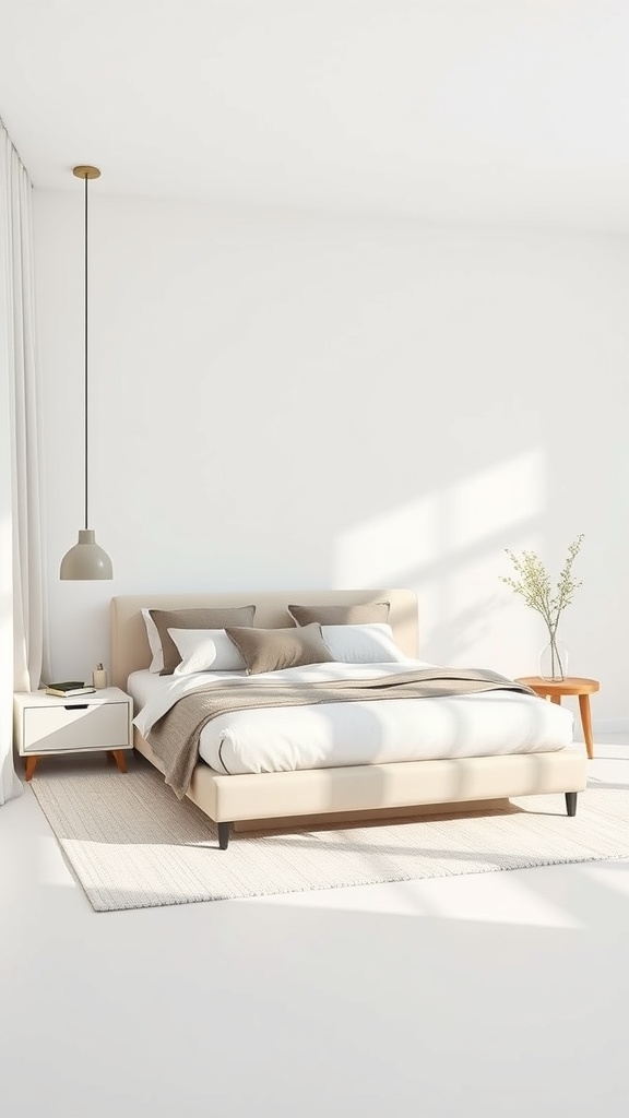 A minimalist corner bed with neutral colors, soft pillows, and a simple nightstand.