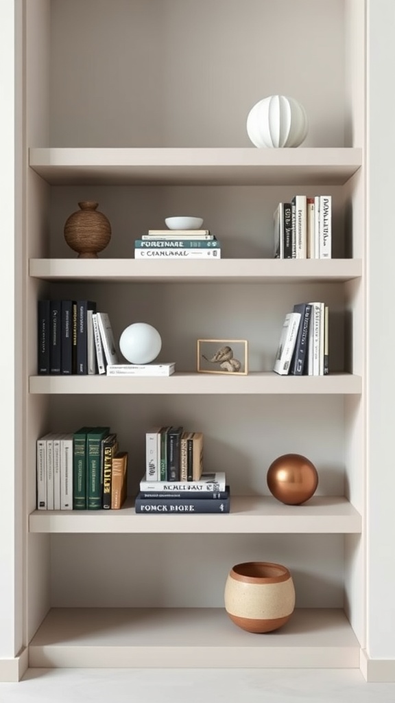 A minimalist corner bookshelf featuring a variety of books and decorative objects.
