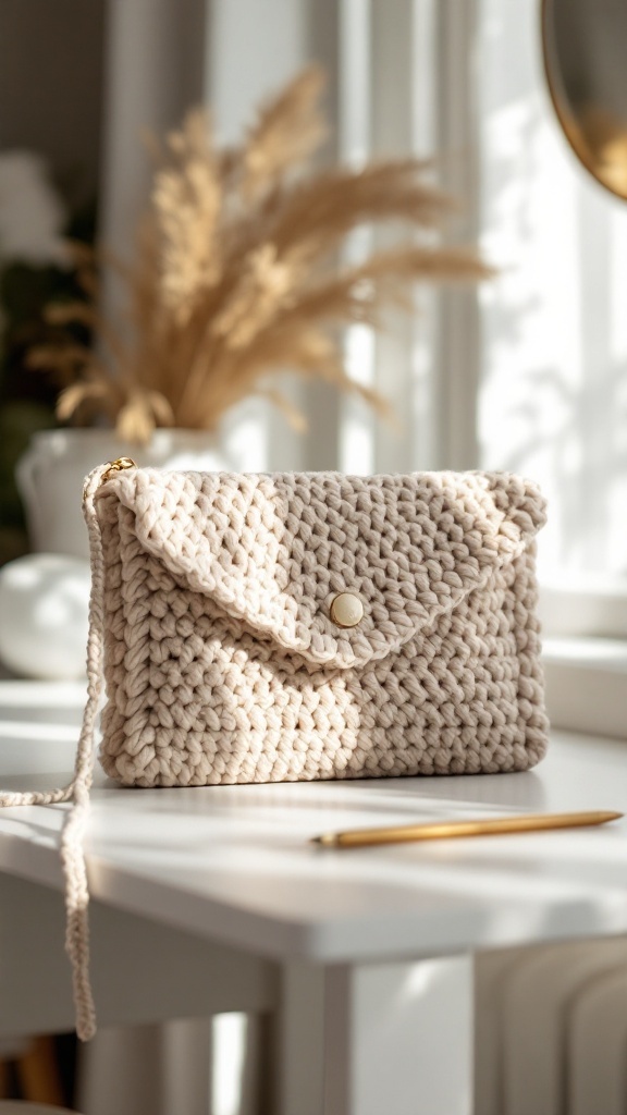 A minimalist crochet clutch in a neutral color with a chunky texture, resting on a white table with a pen beside it.